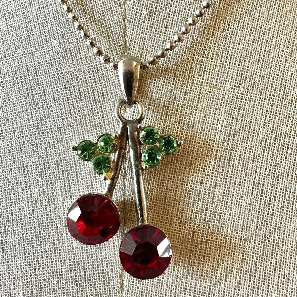 Red and green cherry rhinestone cherry pendant necklace